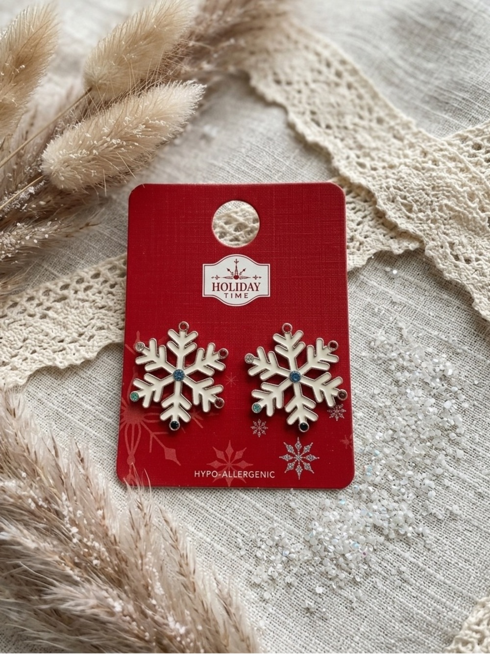 Holiday Time White Snowflake Earrings with Blue Center